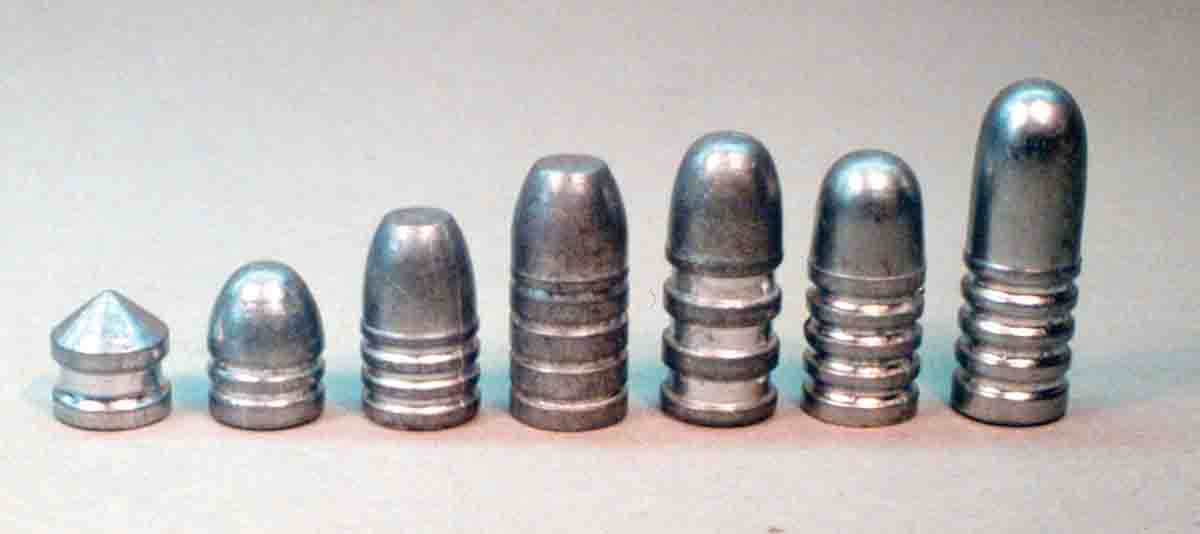 Variety of bullets from the light weight “Collar Button”(left) weighing the same as a .45 round ball up to Lyman No. 457125 weighing over 500 grains.